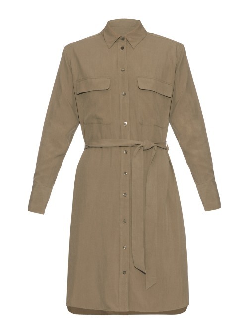 Long Sleeved Silk Dress - style: shirt; neckline: shirt collar/peter pan/zip with opening; pattern: plain; bust detail: pocket detail at bust; waist detail: belted waist/tie at waist/drawstring; predominant colour: khaki; occasions: casual, creative work; length: just above the knee; fit: body skimming; sleeve length: long sleeve; sleeve style: standard; pattern type: fabric; texture group: other - light to midweight; season: a/w 2015