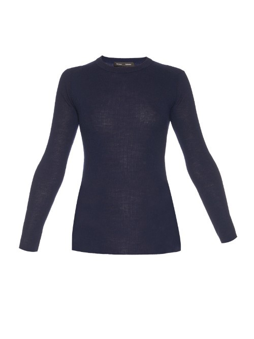Open Back Long Sleeved Knit Sweater - pattern: plain; back detail: low cut/open back; style: standard; predominant colour: navy; occasions: casual; length: standard; fibres: wool - mix; fit: standard fit; neckline: crew; sleeve length: long sleeve; sleeve style: standard; texture group: knits/crochet; pattern type: knitted - fine stitch; season: a/w 2015