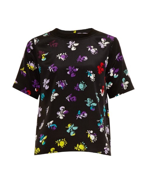 Dayle Top - predominant colour: purple; secondary colour: black; occasions: casual; length: standard; style: top; fibres: silk - 100%; fit: straight cut; neckline: crew; sleeve length: short sleeve; sleeve style: standard; texture group: silky - light; pattern type: fabric; pattern size: standard; pattern: florals; multicoloured: multicoloured; season: a/w 2015