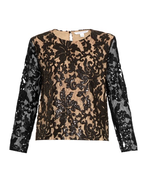Belle Top - secondary colour: nude; predominant colour: black; occasions: evening, occasion; length: standard; style: top; fibres: nylon - 100%; fit: straight cut; neckline: crew; back detail: keyhole/peephole detail at back; sleeve length: long sleeve; sleeve style: standard; pattern type: fabric; pattern: patterned/print; texture group: other - light to midweight; embellishment: sequins; pattern size: big & busy (top); season: a/w 2015