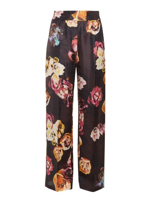 Ponera Trousers - length: standard; waist: high rise; predominant colour: black; occasions: evening, occasion, creative work; fibres: silk - 100%; texture group: silky - light; fit: straight leg; pattern type: fabric; pattern: florals; style: standard; pattern size: big & busy (bottom); multicoloured: multicoloured; season: a/w 2015