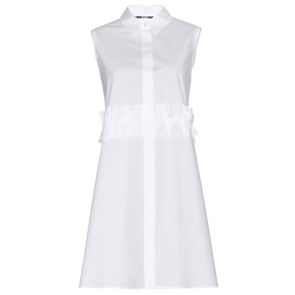 Ruffled Cotton Shirt Dress - style: shirt; neckline: shirt collar/peter pan/zip with opening; pattern: plain; sleeve style: sleeveless; waist detail: embellishment at waist/feature waistband; predominant colour: white; length: just above the knee; fit: soft a-line; fibres: cotton - 100%; sleeve length: sleeveless; texture group: cotton feel fabrics; pattern type: fabric; occasions: creative work; season: a/w 2015