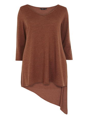 Womens **Amy.K Curve Orange V Neck Jersey Top Orange - neckline: low v-neck; length: below the bottom; style: t-shirt; predominant colour: terracotta; occasions: casual; fibres: cotton - stretch; fit: loose; back detail: longer hem at back than at front; sleeve length: 3/4 length; sleeve style: standard; pattern type: fabric; pattern size: standard; texture group: jersey - stretchy/drapey; pattern: marl; season: a/w 2015
