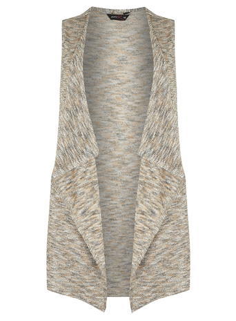 Womens **Amy.K Curve Beige Glitter Waistcoat Cream - sleeve style: sleeveless; collar: shawl/waterfall; predominant colour: stone; secondary colour: stone; occasions: casual, creative work; fit: straight cut (boxy); fibres: polyester/polyamide - mix; style: waistcoat; length: mid thigh; sleeve length: sleeveless; collar break: low/open; pattern type: fabric; pattern size: light/subtle; pattern: patterned/print; texture group: jersey - stretchy/drapey; season: a/w 2015