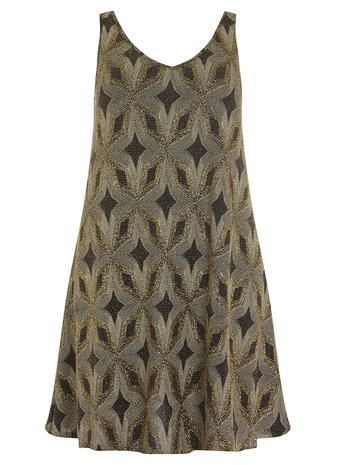 Womens **Amy.K Curve Gold Glitter Party Dress Silver - style: shift; neckline: v-neck; sleeve style: sleeveless; predominant colour: gold; secondary colour: black; occasions: evening, occasion; length: just above the knee; fit: soft a-line; sleeve length: sleeveless; pattern type: fabric; pattern: patterned/print; texture group: jersey - stretchy/drapey; fibres: nylon - stretch; season: a/w 2015