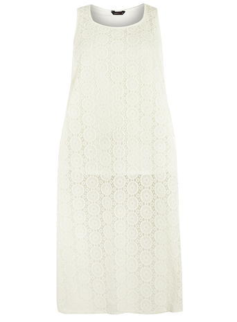 Womens **Amy.K Curve Cream Lace Tunic Cream - neckline: round neck; sleeve style: sleeveless; style: tunic; predominant colour: ivory/cream; occasions: casual, creative work; fibres: polyester/polyamide - 100%; fit: straight cut; length: mid thigh; hip detail: contrast fabric/print detail at hip; sleeve length: sleeveless; texture group: lace; pattern type: fabric; pattern size: standard; pattern: patterned/print; season: a/w 2015