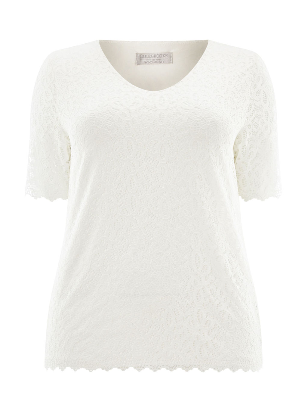 Ivory Lace Jersey Top - neckline: v-neck; predominant colour: ivory/cream; occasions: casual, creative work; length: standard; style: top; fibres: polyester/polyamide - stretch; fit: body skimming; sleeve length: short sleeve; sleeve style: standard; pattern type: fabric; pattern size: light/subtle; pattern: patterned/print; texture group: jersey - stretchy/drapey; season: a/w 2015