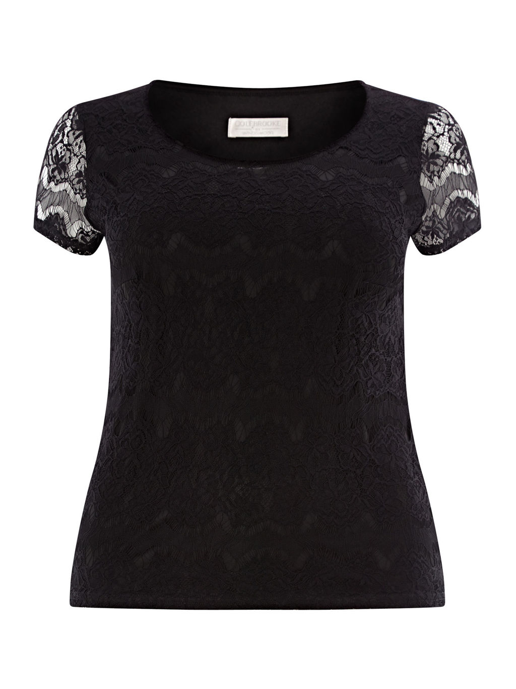 Black Lace Top - neckline: round neck; style: t-shirt; predominant colour: black; occasions: casual, creative work; length: standard; fibres: polyester/polyamide - stretch; fit: body skimming; sleeve length: short sleeve; sleeve style: standard; texture group: lace; pattern type: fabric; pattern size: standard; pattern: patterned/print; embellishment: lace; season: a/w 2015