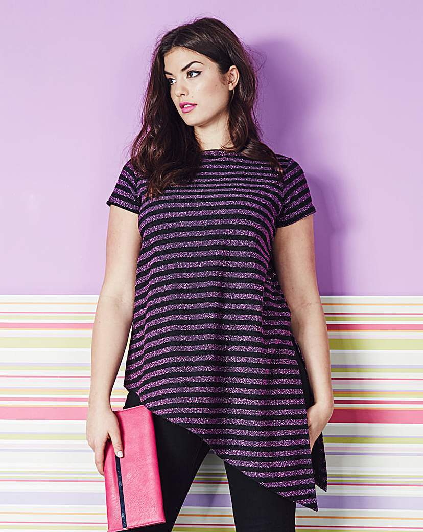 Asymmetric T Shirt Stripe - pattern: horizontal stripes; length: below the bottom; style: t-shirt; secondary colour: purple; predominant colour: black; occasions: casual, creative work; fibres: cotton - mix; fit: loose; neckline: crew; sleeve length: short sleeve; sleeve style: standard; pattern type: fabric; pattern size: light/subtle; texture group: jersey - stretchy/drapey; season: a/w 2015