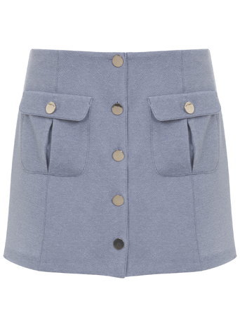 Womens Button Mini Skirt, Pale Blue - length: mini; pattern: plain; fit: body skimming; hip detail: front pockets at hip; waist: mid/regular rise; predominant colour: pale blue; occasions: casual; style: mini skirt; fibres: polyester/polyamide - 100%; pattern type: fabric; texture group: other - light to midweight; season: a/w 2015