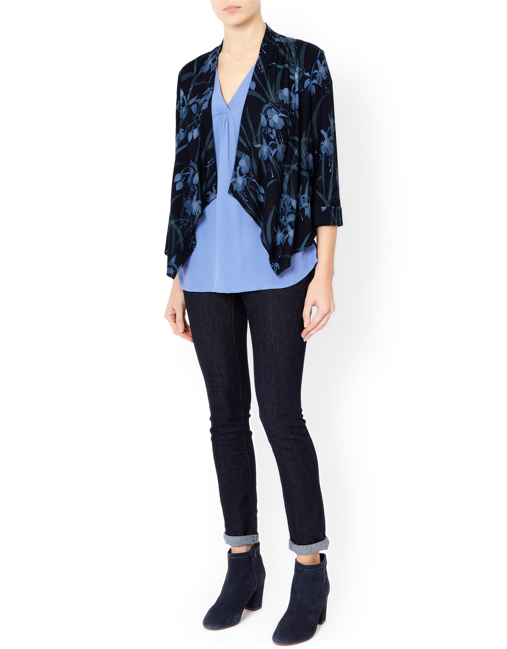 Evelyn Print Jacket - style: single breasted blazer; collar: shawl/waterfall; fit: loose; secondary colour: pale blue; predominant colour: navy; length: standard; sleeve length: 3/4 length; sleeve style: standard; collar break: low/open; pattern type: fabric; pattern size: standard; pattern: florals; texture group: jersey - stretchy/drapey; occasions: creative work; season: a/w 2015