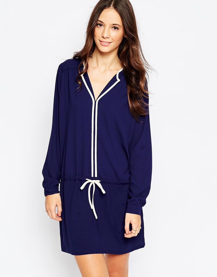 Curiouser And Curiouser Shirt Dress Navy - style: shirt; length: mid thigh; neckline: shirt collar/peter pan/zip with opening; pattern: plain; waist detail: belted waist/tie at waist/drawstring; secondary colour: white; predominant colour: navy; occasions: casual; fit: body skimming; fibres: polyester/polyamide - stretch; sleeve length: long sleeve; sleeve style: standard; pattern type: fabric; texture group: other - light to midweight; season: a/w 2015