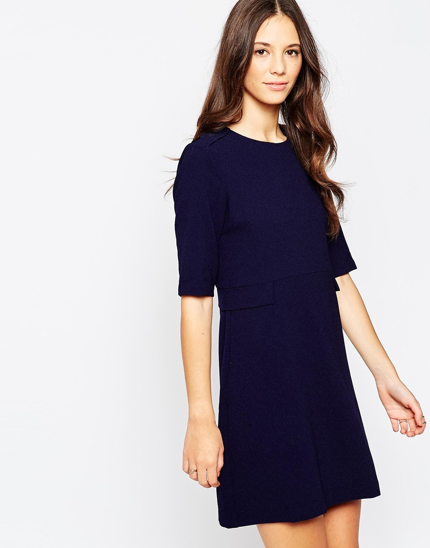 Marvellous Mellows Buttons Dress Navy - style: shift; length: mid thigh; pattern: plain; predominant colour: navy; occasions: evening; fit: body skimming; fibres: polyester/polyamide - stretch; neckline: crew; sleeve length: half sleeve; sleeve style: standard; pattern type: fabric; texture group: jersey - stretchy/drapey; season: a/w 2015