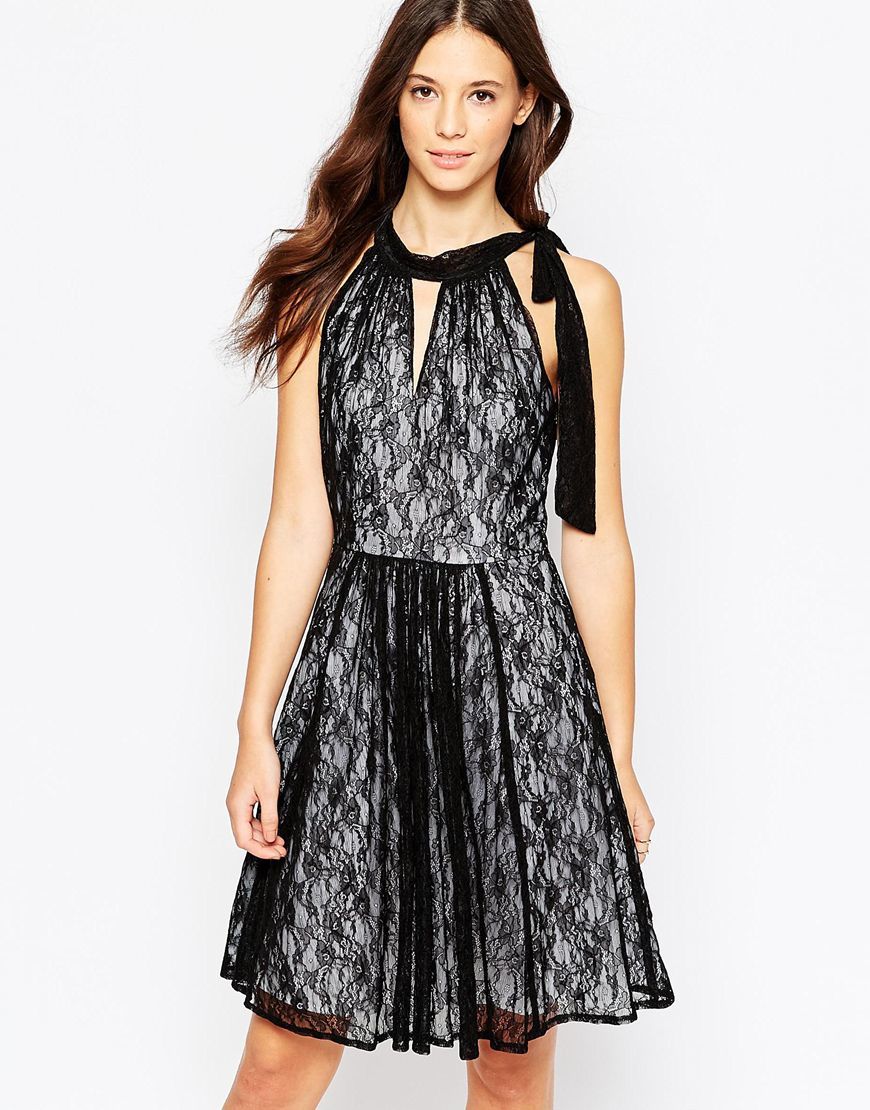 Never Ending Story Halter Dress With Pleated Skirt Black - sleeve style: sleeveless; neckline: low halter neck; predominant colour: black; occasions: evening; length: on the knee; fit: fitted at waist & bust; style: fit & flare; fibres: nylon - mix; sleeve length: sleeveless; texture group: lace; pattern type: fabric; pattern size: standard; pattern: patterned/print; embellishment: lace; season: a/w 2015