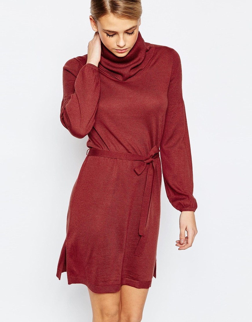 70s Cowl Tunic Dress Rust - style: tunic; length: mid thigh; fit: loose; pattern: plain; neckline: wide roll/funnel neck; waist detail: belted waist/tie at waist/drawstring; predominant colour: true red; occasions: casual, creative work; fibres: polyester/polyamide - mix; sleeve length: long sleeve; sleeve style: standard; texture group: knits/crochet; pattern type: knitted - fine stitch; season: a/w 2015