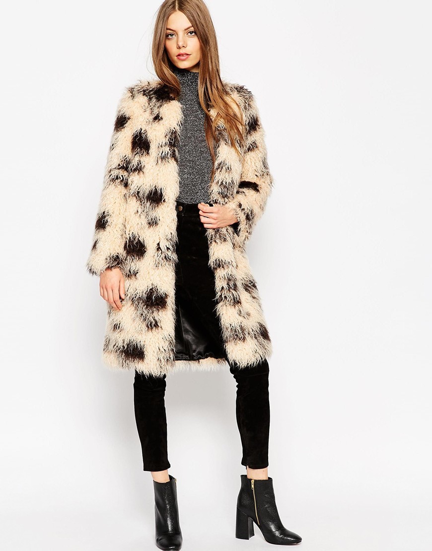 Coat In Shaggy Faux Fur Multi - style: single breasted; length: mid thigh; predominant colour: stone; secondary colour: black; occasions: evening; fit: straight cut (boxy); fibres: acrylic - mix; sleeve length: long sleeve; sleeve style: standard; texture group: fur; collar: fur; collar break: low/open; pattern type: fabric; pattern size: light/subtle; pattern: patterned/print; season: a/w 2015