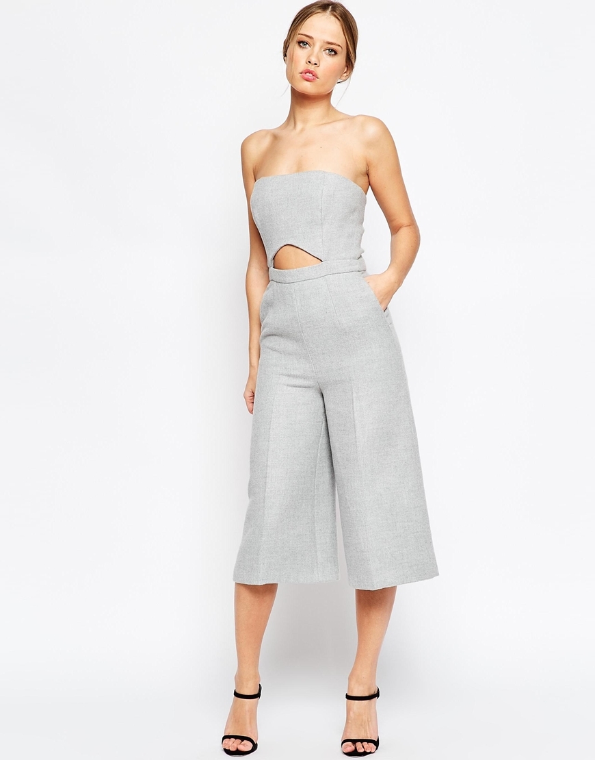 Premium Jumpsuit In Texture With Cut Out Detail Grey - neckline: strapless (straight/sweetheart); pattern: plain; sleeve style: strapless; length: below the knee; predominant colour: light grey; occasions: evening; fit: fitted at waist & bust; fibres: polyester/polyamide - 100%; hip detail: front pleats at hip level; waist detail: cut out detail; sleeve length: sleeveless; style: jumpsuit; pattern type: fabric; texture group: woven light midweight; season: a/w 2015