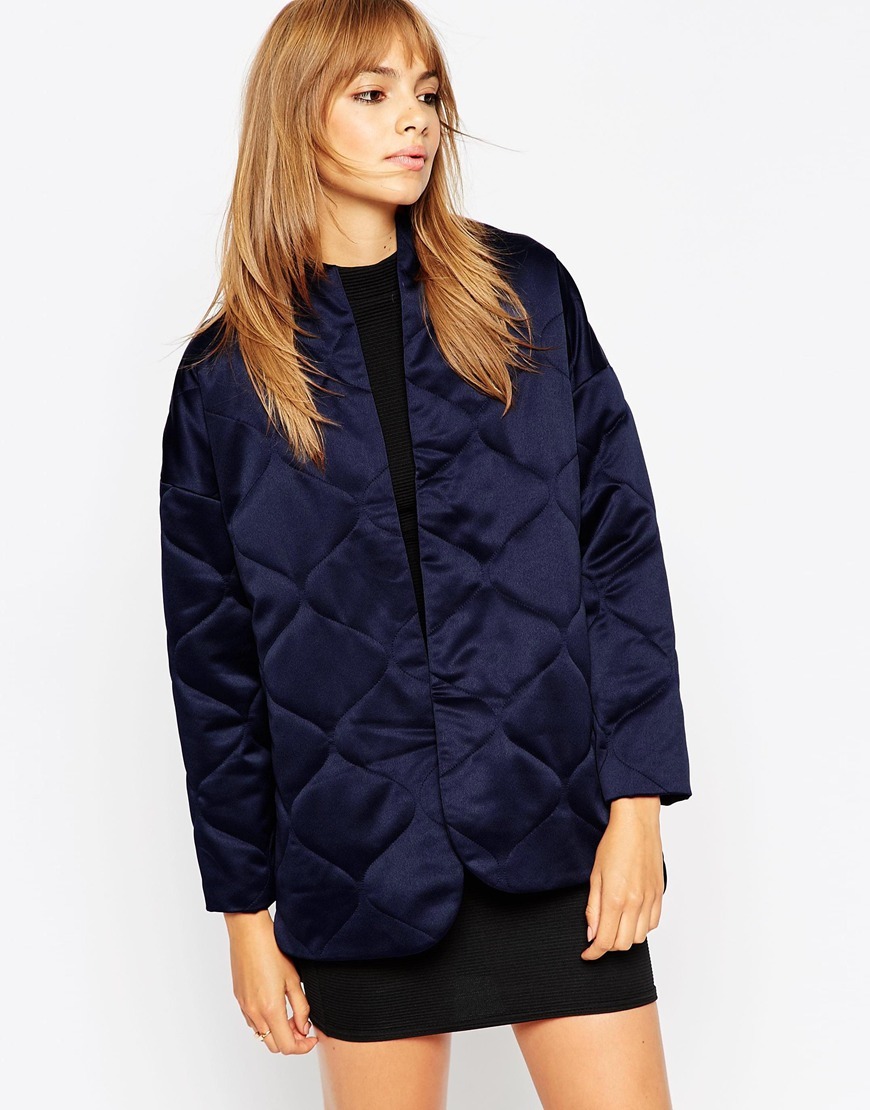 Premium Quilted Satin Jacket Navy - collar: standard biker; length: below the bottom; style: bomber; predominant colour: navy; occasions: casual, creative work; fit: straight cut (boxy); fibres: polyester/polyamide - 100%; sleeve length: long sleeve; sleeve style: standard; texture group: structured shiny - satin/tafetta/silk etc.; collar break: high/illusion of break when open; pattern type: fabric; pattern size: light/subtle; pattern: patterned/print; embellishment: quilted; season: a/w 2015