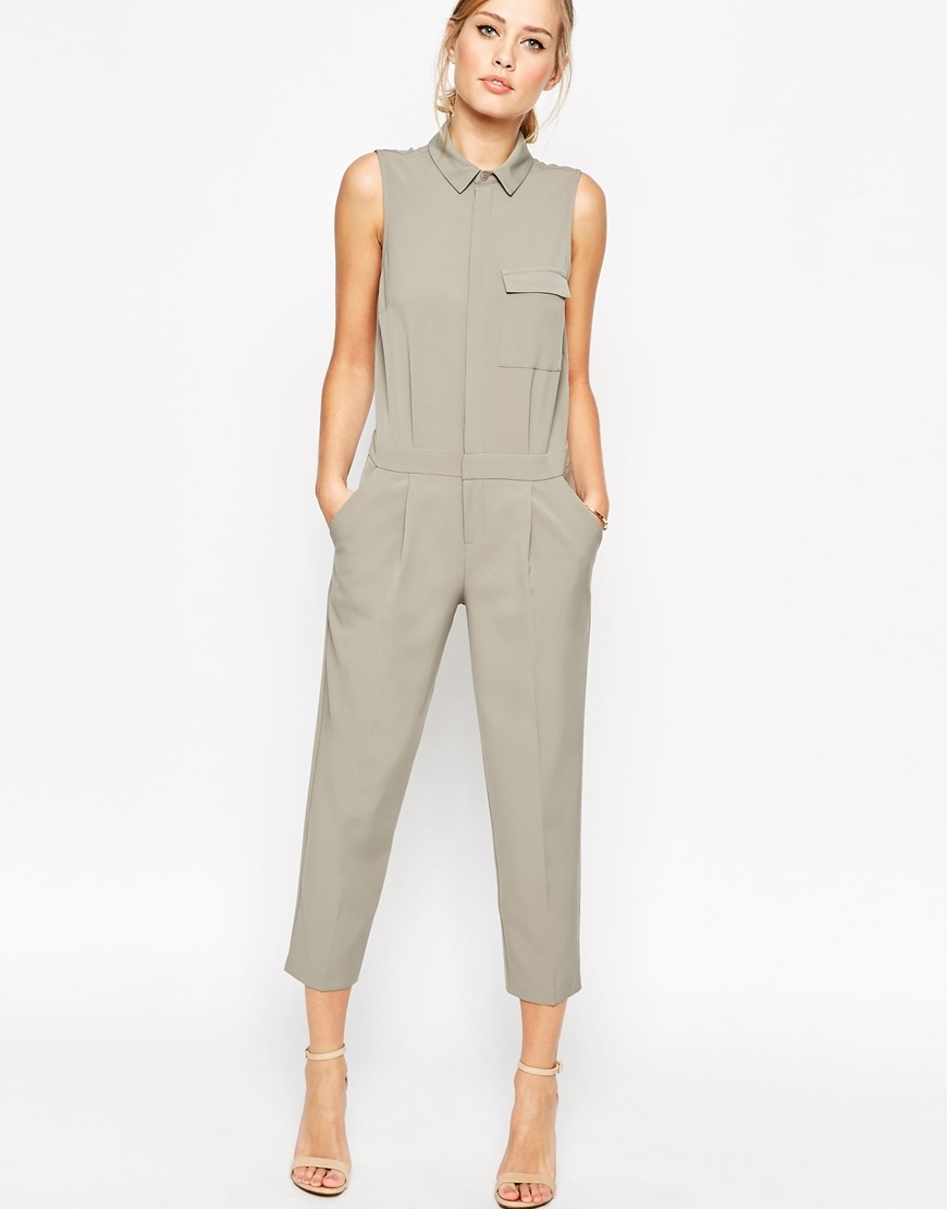 Sleeveless Shirt Detail Jumpsuit Sage - fit: tailored/fitted; pattern: plain; sleeve style: sleeveless; predominant colour: light grey; occasions: evening; length: calf length; neckline: no opening/shirt collar/peter pan; sleeve length: sleeveless; style: jumpsuit; pattern type: fabric; texture group: other - light to midweight; season: a/w 2015