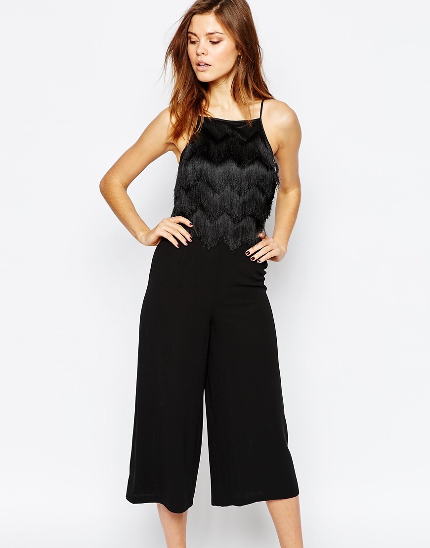 Fringe Jumpsuit Black - sleeve style: spaghetti straps; pattern: plain; bust detail: added detail/embellishment at bust; predominant colour: black; occasions: evening; length: calf length; fit: fitted at waist & bust; fibres: polyester/polyamide - 100%; sleeve length: sleeveless; texture group: crepes; style: jumpsuit; neckline: medium square neck; pattern type: fabric; embellishment: fringing; season: a/w 2015