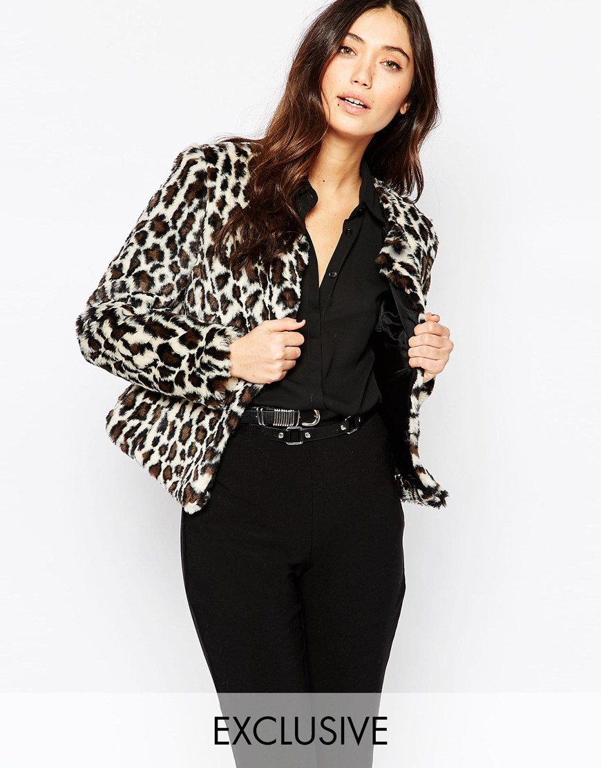 Leopard Chubby Faux Fur Coat Animal - length: standard; collar: round collar/collarless; style: single breasted; predominant colour: white; secondary colour: black; occasions: casual, creative work; fit: tailored/fitted; fibres: acrylic - mix; sleeve length: long sleeve; sleeve style: standard; collar break: low/open; pattern size: light/subtle; pattern: animal print; texture group: woven light midweight; season: a/w 2015