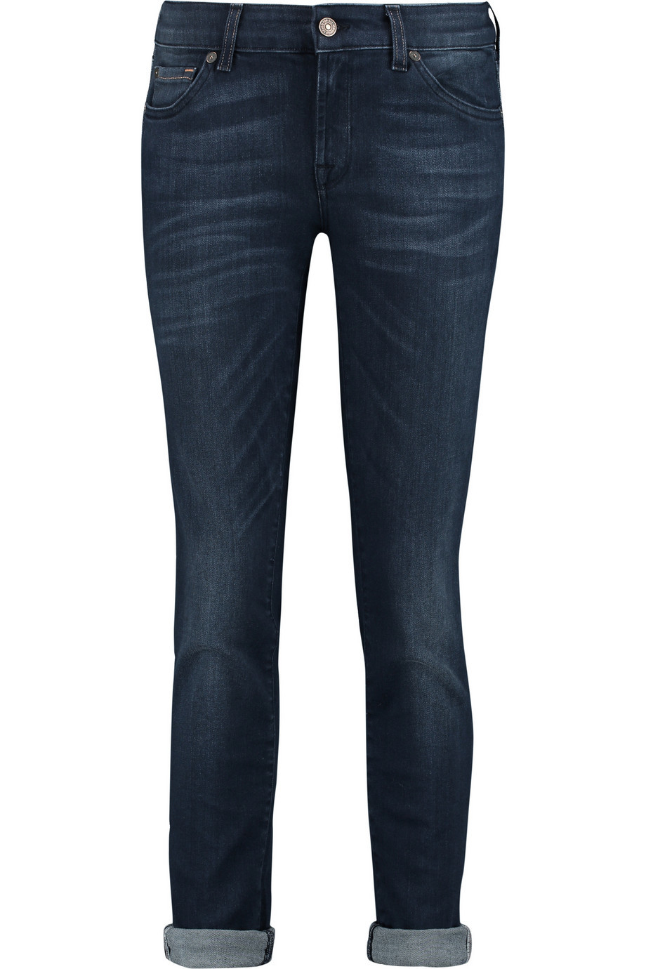 Cristen Mid Rise Skinny Jeans Dark Denim - style: skinny leg; pattern: plain; pocket detail: traditional 5 pocket; waist: mid/regular rise; predominant colour: navy; occasions: casual, creative work; length: ankle length; fibres: cotton - stretch; jeans detail: whiskering; jeans & bottoms detail: turn ups; texture group: denim; pattern type: fabric; season: a/w 2015