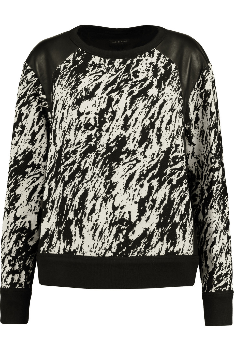 Leather Paneled Jacquard Sweatshirt Black - style: sweat top; secondary colour: white; predominant colour: black; occasions: casual, creative work; length: standard; fibres: silk - mix; fit: straight cut; neckline: crew; sleeve length: long sleeve; sleeve style: standard; trends: monochrome; pattern type: fabric; pattern size: standard; pattern: patterned/print; texture group: woven light midweight; shoulder detail: sheer at shoulder; season: a/w 2015