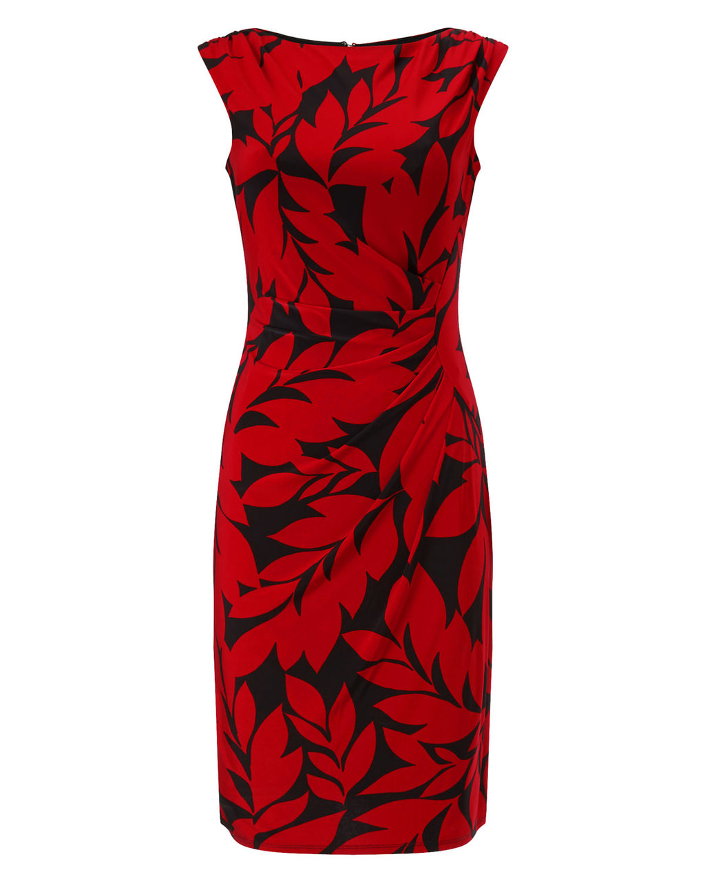 Leaf Print Dress - style: shift; neckline: round neck; sleeve style: sleeveless; predominant colour: true red; secondary colour: black; occasions: evening, occasion; length: on the knee; fit: body skimming; sleeve length: sleeveless; pattern type: fabric; pattern size: big & busy; pattern: florals; texture group: jersey - stretchy/drapey; season: a/w 2015
