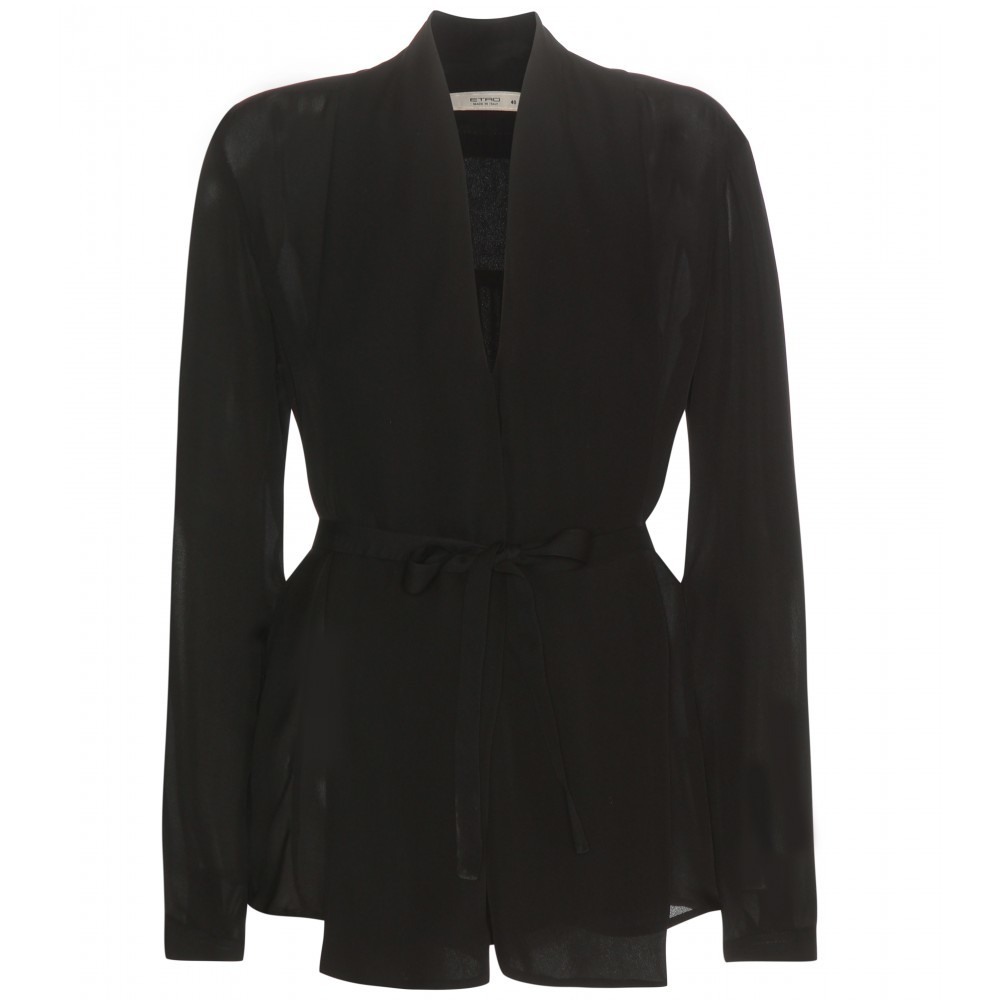 Silk Crêpe Blouse - pattern: plain; neckline: shawl; style: blouse; predominant colour: black; occasions: evening, work; length: standard; fibres: silk - 100%; fit: tailored/fitted; sleeve length: long sleeve; sleeve style: standard; texture group: crepes; pattern type: fabric; season: a/w 2015