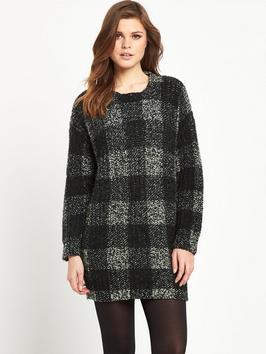 Long Sleeved Cn Tunic Sweater - neckline: round neck; pattern: checked/gingham; length: below the bottom; style: standard; secondary colour: mid grey; predominant colour: black; occasions: casual; fibres: wool - mix; fit: loose; sleeve length: long sleeve; sleeve style: standard; texture group: knits/crochet; pattern type: knitted - other; pattern size: standard; season: a/w 2015