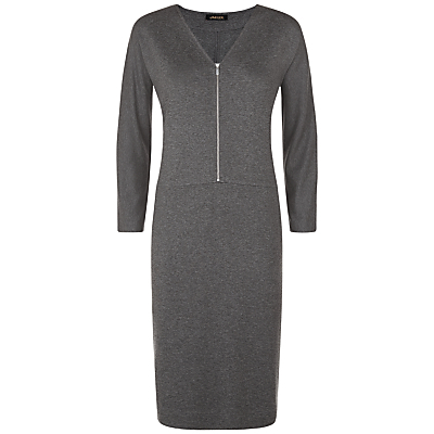 Jersey Zip Dress - style: shift; neckline: v-neck; pattern: plain; predominant colour: charcoal; occasions: casual, creative work; length: just above the knee; fit: body skimming; fibres: viscose/rayon - stretch; sleeve length: 3/4 length; sleeve style: standard; texture group: crepes; pattern type: fabric; season: a/w 2015