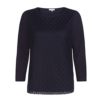Ella Top, Navy - pattern: polka dot; predominant colour: navy; length: standard; style: top; fibres: viscose/rayon - stretch; fit: straight cut; neckline: crew; sleeve length: 3/4 length; sleeve style: standard; texture group: sheer fabrics/chiffon/organza etc.; pattern type: fabric; pattern size: light/subtle; occasions: creative work; season: a/w 2015