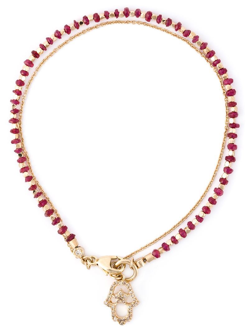 'hamsa Fine Biography' Ruby And Diamond Bracelet - predominant colour: burgundy; secondary colour: gold; occasions: evening, occasion; size: small/fine; material: chain/metal; finish: metallic; embellishment: beading; season: a/w 2015; style: bead
