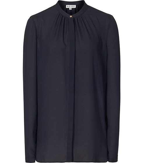 Holloway Pintuck Neckline Blouse - pattern: plain; style: blouse; predominant colour: black; occasions: casual, work, creative work; length: standard; neckline: collarstand & mandarin with v-neck; fibres: polyester/polyamide - 100%; fit: straight cut; sleeve length: long sleeve; sleeve style: standard; texture group: crepes; season: a/w 2015