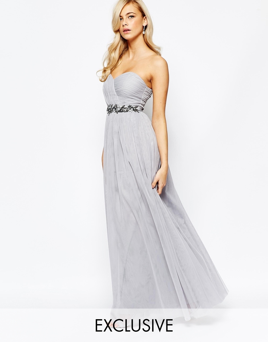 Bandeau Embellished Maxi Dress With Tulle Skirt Grey - neckline: strapless (straight/sweetheart); pattern: plain; style: maxi dress; sleeve style: strapless; secondary colour: charcoal; predominant colour: light grey; occasions: evening, occasion; length: floor length; fit: fitted at waist & bust; fibres: polyester/polyamide - stretch; sleeve length: sleeveless; texture group: sheer fabrics/chiffon/organza etc.; pattern type: fabric; embellishment: beading; season: a/w 2015