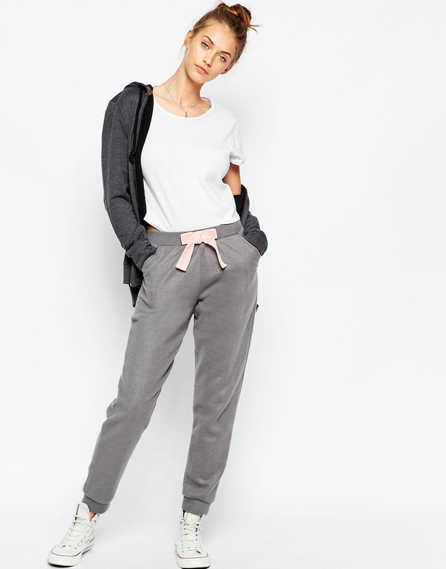 Super Soft Knitted Jogger With Velvet Bow Grey - length: standard; pattern: plain; style: tracksuit pants; waist: mid/regular rise; predominant colour: mid grey; occasions: casual; fibres: cotton - 100%; fit: baggy; pattern type: fabric; texture group: jersey - stretchy/drapey; season: a/w 2015