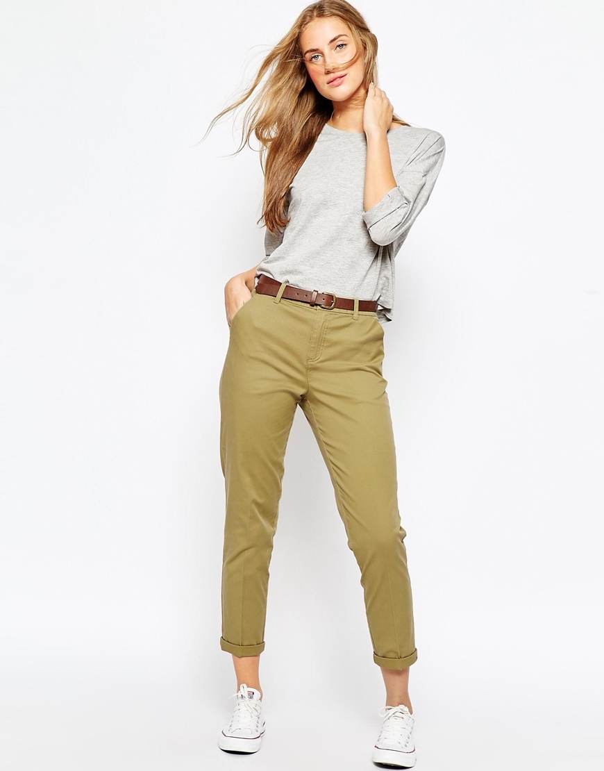 Chino Trousers With Belt Olive - pattern: plain; waist detail: belted waist/tie at waist/drawstring; waist: mid/regular rise; predominant colour: camel; occasions: casual, holiday, creative work; length: ankle length; style: chino; fibres: cotton - stretch; jeans & bottoms detail: turn ups; texture group: cotton feel fabrics; fit: slim leg; pattern type: fabric; season: a/w 2015