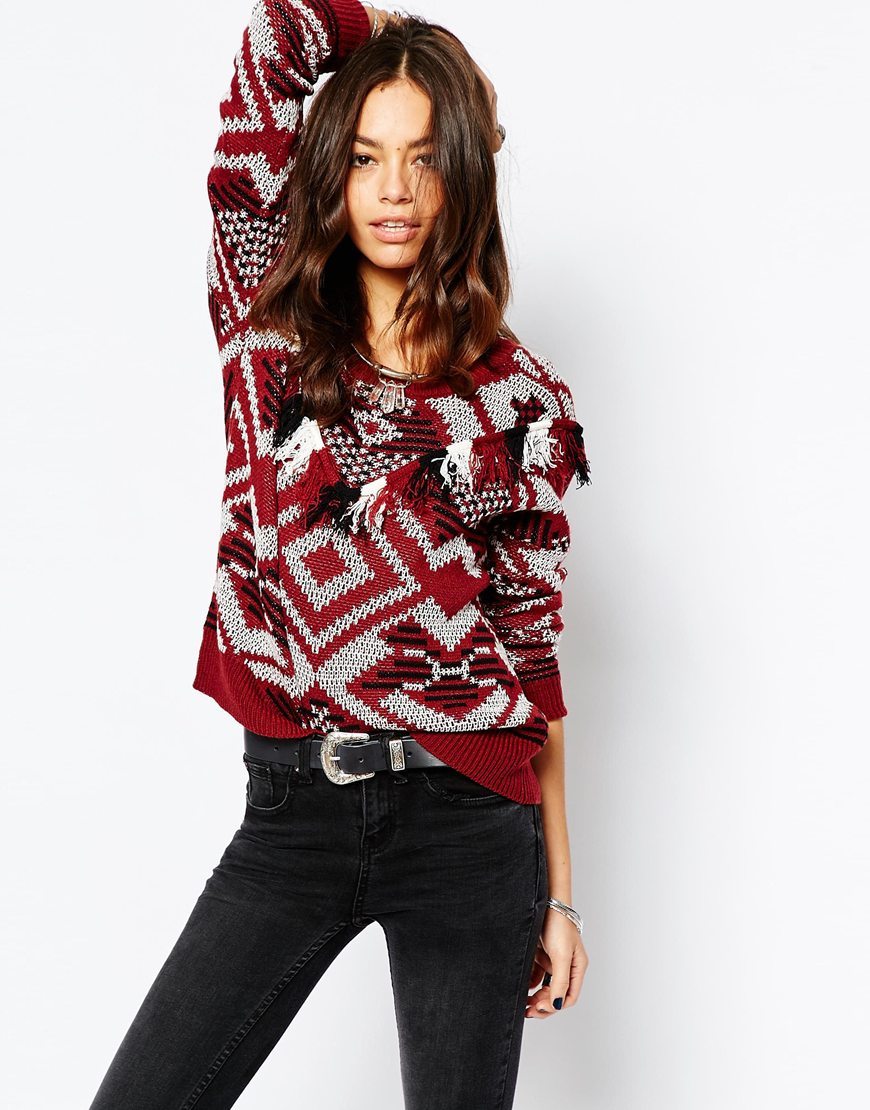 Fringe Aztec Knit Jumper Multi - style: standard; secondary colour: mid grey; occasions: casual; length: standard; fibres: acrylic - mix; fit: standard fit; neckline: crew; sleeve length: long sleeve; sleeve style: standard; texture group: knits/crochet; pattern type: knitted - fine stitch; pattern size: standard; pattern: patterned/print; predominant colour: raspberry; multicoloured: multicoloured; season: a/w 2015