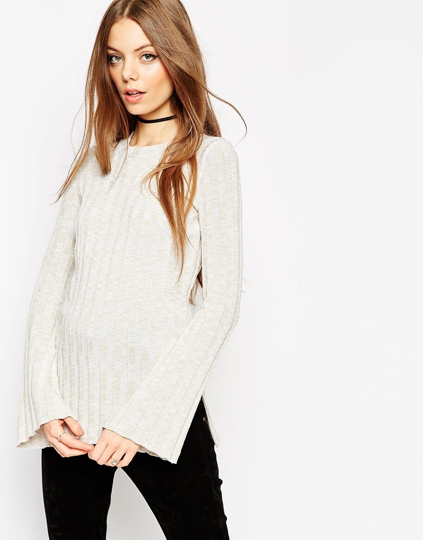 Knitted Tunic In Rib With Flared Sleeve Cream - sleeve style: bell sleeve; pattern: plain; predominant colour: ivory/cream; occasions: casual, creative work; length: standard; style: top; fit: body skimming; neckline: crew; sleeve length: long sleeve; texture group: knits/crochet; pattern type: knitted - fine stitch; season: a/w 2015