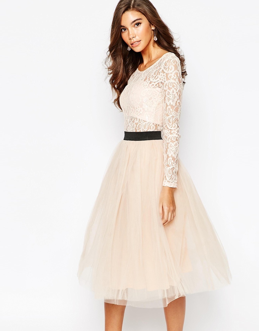 London Sheer Lace Tutu Dress With Contrast Waistband And Tulle Skirt Blush/Black - length: calf length; neckline: round neck; style: full skirt; bust detail: sheer at bust; predominant colour: ivory/cream; secondary colour: black; occasions: evening; fit: fitted at waist & bust; fibres: polyester/polyamide - mix; sleeve length: long sleeve; sleeve style: standard; texture group: lace; pattern type: fabric; pattern size: light/subtle; pattern: colourblock; season: a/w 2015