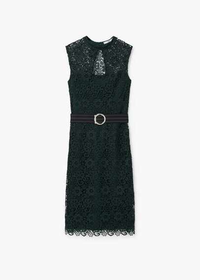 Guipure Dress - style: shift; fit: tailored/fitted; sleeve style: sleeveless; waist detail: belted waist/tie at waist/drawstring; predominant colour: dark green; length: on the knee; occasions: occasion; neckline: crew; sleeve length: sleeveless; texture group: lace; pattern type: fabric; pattern: patterned/print; embellishment: lace; season: a/w 2015