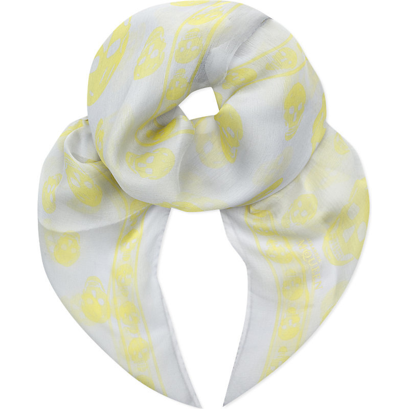 Skull Print Silk Chiffon Scarf, Women's, Pearly Blue Neon Yellow - secondary colour: primrose yellow; predominant colour: light grey; occasions: casual, creative work; type of pattern: light; style: regular; size: standard; material: silk; pattern: patterned/print; season: a/w 2015