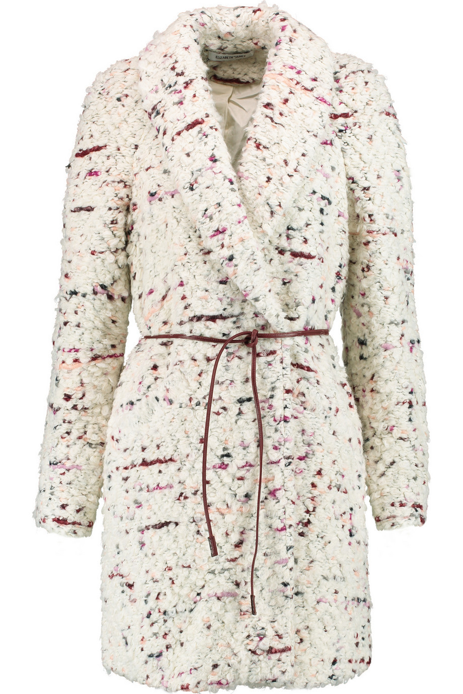 Bebe Belted Bouclé Coat Ecru - length: on the knee; style: wrap around; collar: standard lapel/rever collar; predominant colour: ivory/cream; fit: tailored/fitted; fibres: wool - mix; waist detail: belted waist/tie at waist/drawstring; sleeve length: long sleeve; sleeve style: standard; collar break: medium; pattern type: fabric; pattern size: standard; pattern: patterned/print; texture group: woven bulky/heavy; occasions: creative work; season: a/w 2015