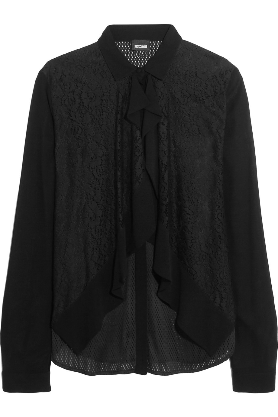 Ruffled Lace And Mesh Paneled Chiffon Blouse Black - pattern: plain; neckline: pussy bow; style: blouse; predominant colour: black; occasions: evening; length: standard; fibres: polyester/polyamide - 100%; fit: loose; sleeve length: long sleeve; sleeve style: standard; texture group: lace; pattern type: fabric; pattern size: standard; season: a/w 2015