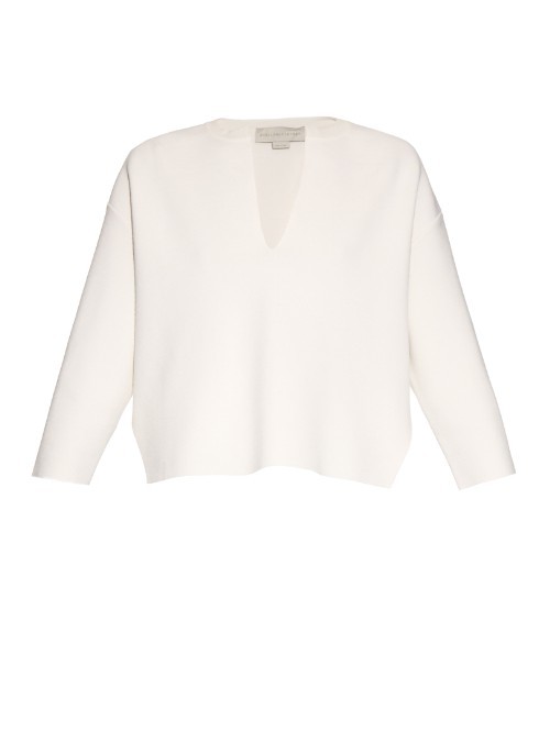 Sculptural Front Cutaway Wool Blend Top - pattern: plain; predominant colour: ivory/cream; occasions: casual; length: standard; style: top; neckline: peep hole neckline; fibres: wool - mix; fit: body skimming; sleeve length: long sleeve; sleeve style: standard; texture group: knits/crochet; pattern type: fabric; season: a/w 2015