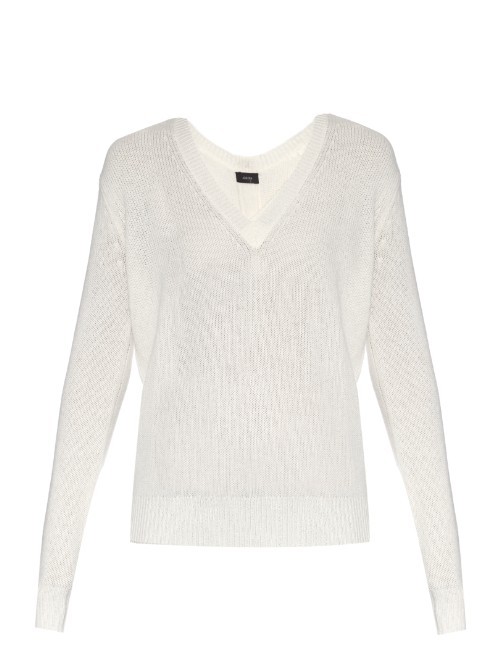 V Neck Cashmere Sweater - neckline: v-neck; pattern: plain; style: standard; predominant colour: white; occasions: casual; length: standard; fit: slim fit; fibres: cashmere - 100%; sleeve length: long sleeve; sleeve style: standard; texture group: knits/crochet; pattern type: fabric; season: a/w 2015