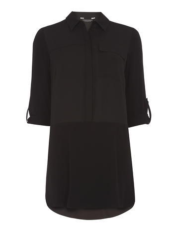Womens Black Longline Jersey Mix Top Black - neckline: shirt collar/peter pan/zip with opening; pattern: plain; length: below the bottom; style: shirt; bust detail: buttons at bust (in middle at breastbone)/zip detail at bust; predominant colour: black; occasions: casual; fibres: viscose/rayon - stretch; fit: body skimming; sleeve length: 3/4 length; sleeve style: standard; pattern type: fabric; texture group: jersey - stretchy/drapey; season: a/w 2015