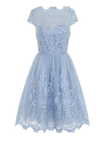 Womens **Chi Chi London Cap Sleeve Tea Dress Blue - length: below the knee; neckline: slash/boat neckline; sleeve style: capped; style: prom dress; predominant colour: pale blue; occasions: evening, occasion; fit: fitted at waist & bust; fibres: polyester/polyamide - 100%; hip detail: structured pleats at hip; sleeve length: short sleeve; texture group: lace; pattern type: fabric; pattern size: standard; pattern: patterned/print; season: a/w 2015