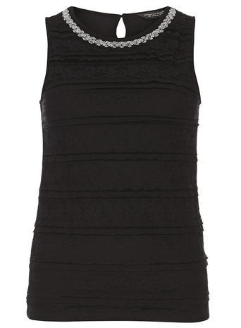 Womens **Tall Black Bling Lace Shell Top Black - sleeve style: sleeveless; secondary colour: silver; predominant colour: black; occasions: evening, creative work; length: standard; style: top; fibres: polyester/polyamide - 100%; fit: straight cut; neckline: crew; sleeve length: sleeveless; texture group: lace; pattern type: fabric; pattern size: standard; pattern: patterned/print; embellishment: beading; season: a/w 2015