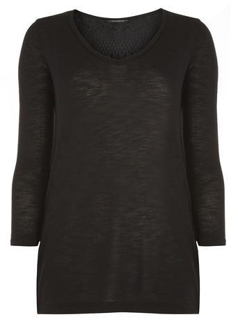 Womens **Tall Black Zip Lace Top Black - neckline: v-neck; pattern: plain; length: below the bottom; style: t-shirt; predominant colour: black; occasions: casual, creative work; fibres: polyester/polyamide - mix; fit: body skimming; sleeve length: 3/4 length; sleeve style: standard; pattern type: fabric; pattern size: standard; texture group: jersey - stretchy/drapey; season: a/w 2015